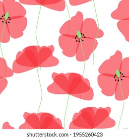 Red poppies with stamens on a white background. Seamless pattern.