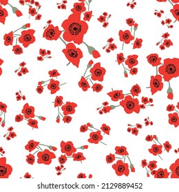 rojos de amapolas lanzan un patrón vectorial sin fisuras en blanco