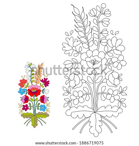 Red poppies, white lilies of the valley, pink, blue wildflowers, yellow wheat, stylized, hand-drawn, black line on white background, use for coloring with watercolors, gouache, markers or pencils