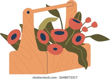 Red poppies in wooden box