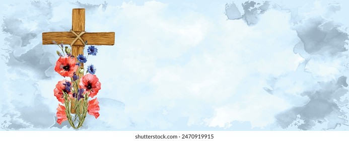 red poppies with a wooden Christian cross on a blue watercolor background