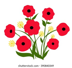 Red Poppies & Yellow Flowers - Vector