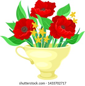 Red poppies in a yellow mug. Vector illustration on white background.