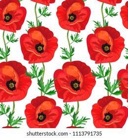 Red poppies,green leaves on a white  background. Decorative floral seamless pattern with big bright flowers.Summer vector illustration for print  textile,fabric,wrapping paper.