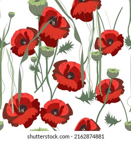 red poppies.seamless pattern.white background.hand-drawn.high quality.vector illustration.for print,wallpaper,background,textiles