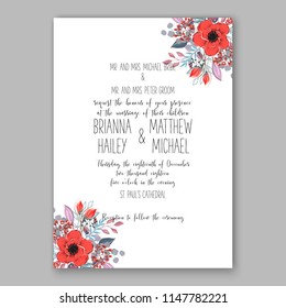 Red poppy autunm peony greenery bouquet bride wedding invitation template design. Vector floral template background for party celebration bridal baby shower anniversary congratulation greeting card