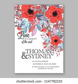 Red poppy autunm peony greenery bouquet bride wedding invitation template design. Vector floral template background for party celebration bridal baby shower anniversary congratulation greeting card
