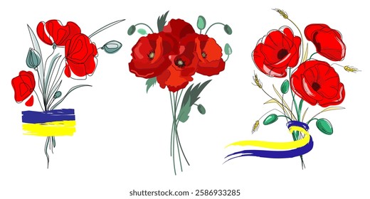 Red poppy bouquets set with Ukrainian national colors ribbons and flag, symbolizing remembrance, patriotism, and cultural heritage posters, greeting cards, commemorative designs.Vector illustration