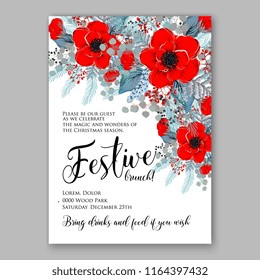 Red poppy Christmas party invitation flyer poster winter floral vector background bridal shower baby shower christening baptism birthday card anniversary anemone fir pine winter holiday wreath