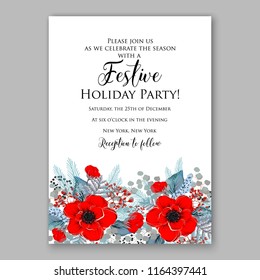 Red poppy Christmas party invitation flyer poster winter floral vector background bridal shower baby shower christening baptism birthday card anniversary anemone fir pine winter holiday wreath