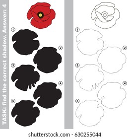 Red Poppy with different shadows to find the correct one, compare and connect object with it true shadow, the educational kid game with simple gaming level.