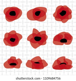 Red poppy flat icon. Stylized vector flower symbol set on light burlap background.