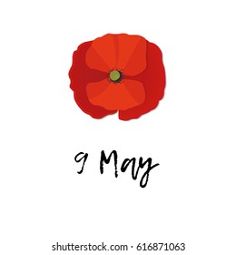 Red poppy flat vector banner. 9 May. Stylized flower symbol. -stock vector
