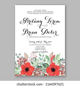 Red poppy Floral wedding invitation or greeting card Wreath of flower for marriage baby shower bridal shower invitation, party celebration vector printable template watercolor background