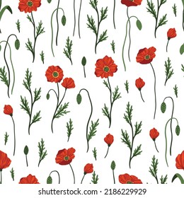 Red poppy florals and garden flowers. Seamless pattern illustration.hand drawn style ,Design for fashion ,fabric,wallpaper, prints