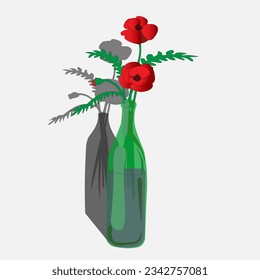 Red poppy flower bouquet inside wine bottle. Flat vector design. Isolated white background. Botany floral art. Memory day 9 may. 11 november. Wild field plant icon. World war 2 concept. Natural bloom.
