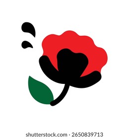 Red poppy flower with center green leaf accents on vector