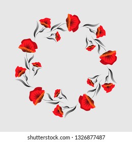 Red poppy flower . Floral frame. Poppy wreath. Remembrance day. Veterans