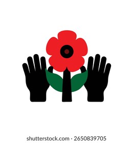 Red poppy flower with hands green leaves on Remembrance Day vector