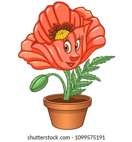 Red poppy flower. House plant in a pot. Happy cartoon design for kids coloring book, colouring page, t-shirt print, icon, logo, label, patch, sticker.