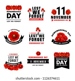 Red Poppy Flower Icon For 11 November Remembrance Day Design. Black Ribbon Banner With Poppy Flower And Lest We Forget Message Isolated Floral Symbol For British Soldier And Veteran Memory Day Card