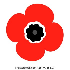 Red poppy flower icon with black and white center in simple glyph style. Clipart image isolated on background.
