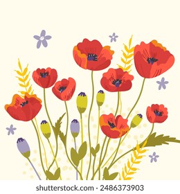 Red poppy flower illustration vector art. Red petals black stamens poppy flowers isolated on white. Meadow wild blossom field blooming plants. Green buds and leaves