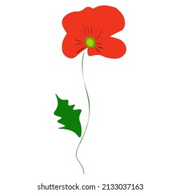 Red Poppy Flower  Isolated On White Background. Simple Outline Beauty Wild Flower Art Icon. Anzac Day Floral Logo, Flat Vector Design Eps 10