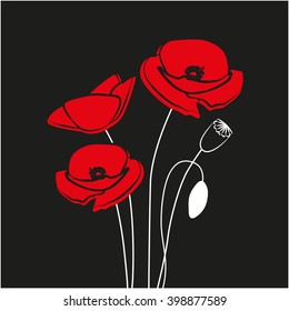 Red Poppy flower isolated on black background. Vector red romantic poppy flowers and grass. red poppies. vector illustration. red flower.