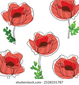 Red poppy flower line art design vector illustration isolated on white background. Flower poppy blossom bud or bloom flat isolated icon