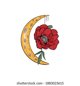 Red poppy flower and moon, boho hand drawn illustration