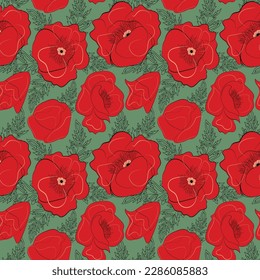 red poppy flower ornament with black contours leaves on green background seamless pattern