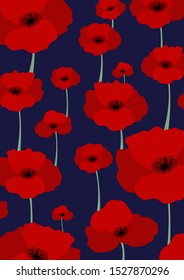 Red poppy flower pattern on navy blue color background