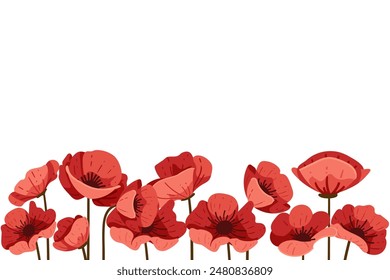 Red poppy flower in a row simple design vector illustration isolated on white background