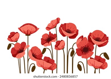 Red poppy flower in a row simple design vector illustration isolated on white background