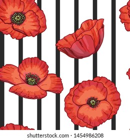 Red poppy flower seamless pattern with black vertical lines. Hand drawn vector illustration.