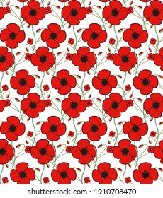 Red Poppy Flower seamless vector pattern floral background. Perfect for greeting, cards, invitations, wallpaper, wrapping paper, textile, web