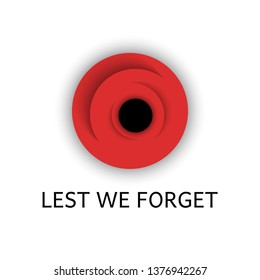 Red poppy flower with text Lest we forget, the remembrance day poppy is an artificial flower symbol of reverence for the millions of soldiers who lost their lives in conflicts