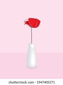 Red poppy flower in vase, vector. Pop art design. Poster design in frame. Colorful wall art, artwork. Red flower isolated on pink background