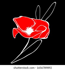 Red poppy flower. Vector red romantic poppy flowers and grass. red poppies. Red flower.