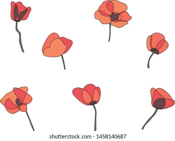 Red poppy flower vector set.
