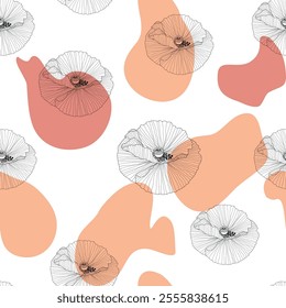 Red poppy flower watercolor and graphic illustrations vector seamless patterns. Red petals black stamens poppy flowers