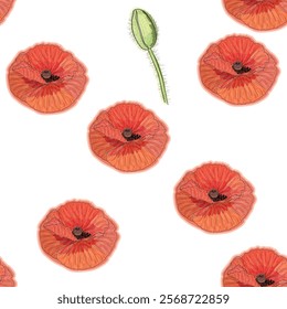 Red poppy flower watercolor and graphic illustrations vector seamless patterns. Red petals black stamens poppy flowers