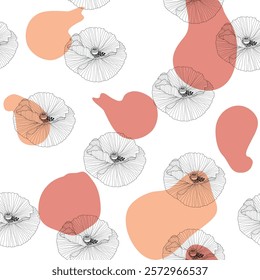 Red poppy flower watercolor and graphic illustrations vector seamless patterns. Red petals black stamens poppy flowers