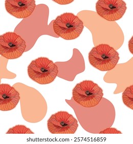 Red poppy flower watercolor and graphic illustrations vector seamless patterns. Red petals black stamens poppy flowers