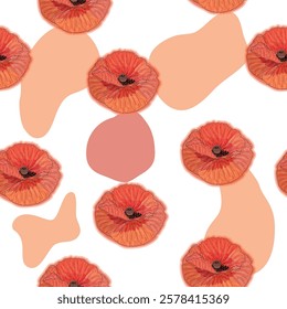 Red poppy flower watercolor and graphic illustrations vector seamless patterns. Red petals black stamens poppy flowers