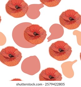 Red poppy flower watercolor and graphic illustrations vector seamless patterns. Red petals black stamens poppy flowers