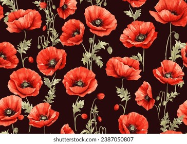 Red poppy flower watercolor illustration vector seamless patterns. Red petals black stamens poppy flowers isolated on dark. Meadow wild blossom set, field blooming plants. Green buds and leaves