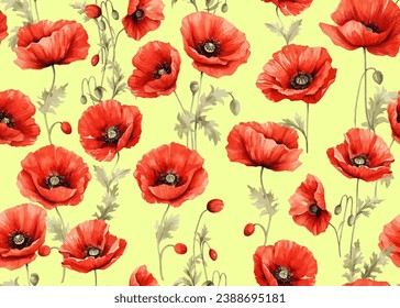 Red poppy flower watercolor illustration vector seamless patterns. Red petals black stamens poppy flowers. Meadow wild blossom set, field blooming plants. Green buds and leaves