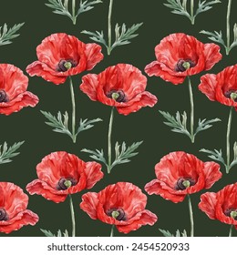 Red poppy flower watercolor illustration vector seamless patterns. Red petals black stamens poppy flowers isolated on dark green. Meadow wild blossom, field blooming plants. Green buds and leaves